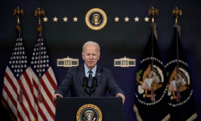 President Joe Biden speaks about the U.S. response to the high-altitude Chinese balloon and three other objects that were recently shot down by the U.S. military over American airspace, in the South Court Auditorium at the White House complex Feb. 16, 2023. (Drew Angerer/Getty Images)