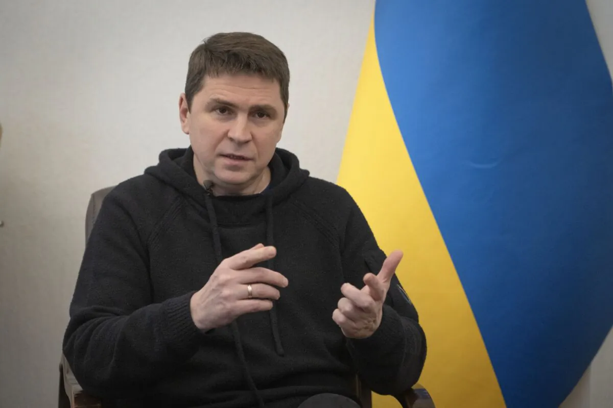 Ukrainian Presidential adviser Mykhailo Podolyak speaks during an interview with The Associated Press in Kyiv, Ukraine, on Feb. 16, 2023. (Efrem Lukatsky/AP Photo)
