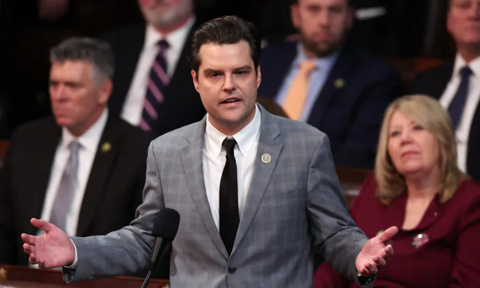 Rep.Matt Gaetz (R-Fla.) delivers remarks in the House Chamber at the U.S. Capitol Building in Washington on Jan. 6, 2023. (Win McNamee/Getty Images)