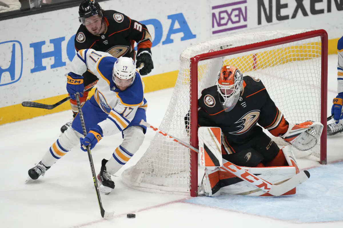 Buffalo Sabres center Tyson Jost (17) shoots against Anaheim Ducks goaltender Lukas Dostal (1) during the first period of an NHL hockey game in Anaheim, Calif., on Feb. 15, 2023. (Ashley Landis/AP Photo)