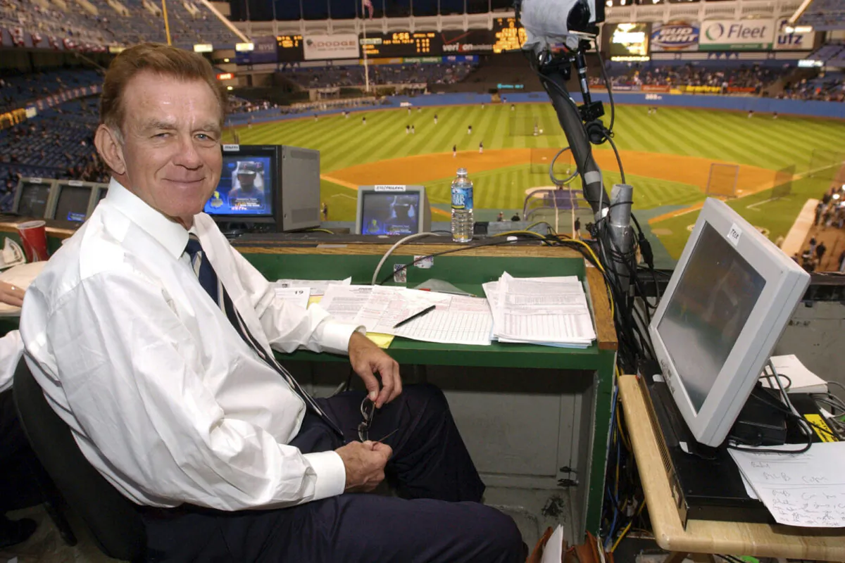 Baseball announcer Tim McCarver poses in the press box before the start of Game 2 of the American League Division Series in New York on Oct. 2, 2003. (Kathy Willens/AP Photo)