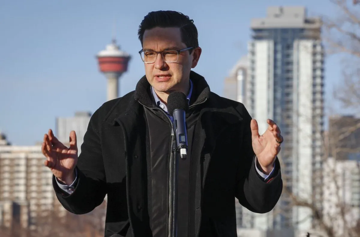 Conservative Leader Pierre Poilievre speaks at a news conference in Calgary on Feb. 15, 2023. (Jeff McIntosh/The Canadian Press)