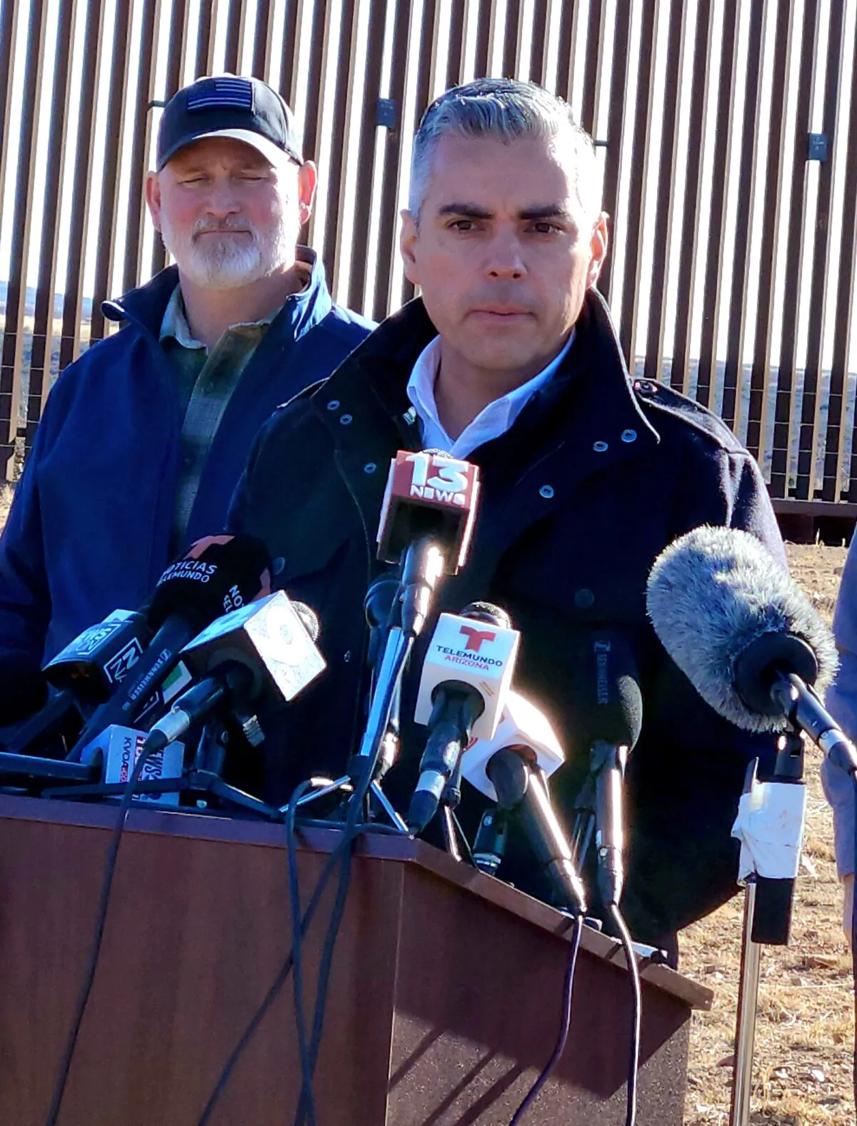 U.S. Rep. Juan Ciscomani (R-Arizona) addresses the media at the southern border wall in the U.S. Customs and Border Patrol's Tucson District on Feb. 16, 2023. (Allan Stein/The Epoch Times)