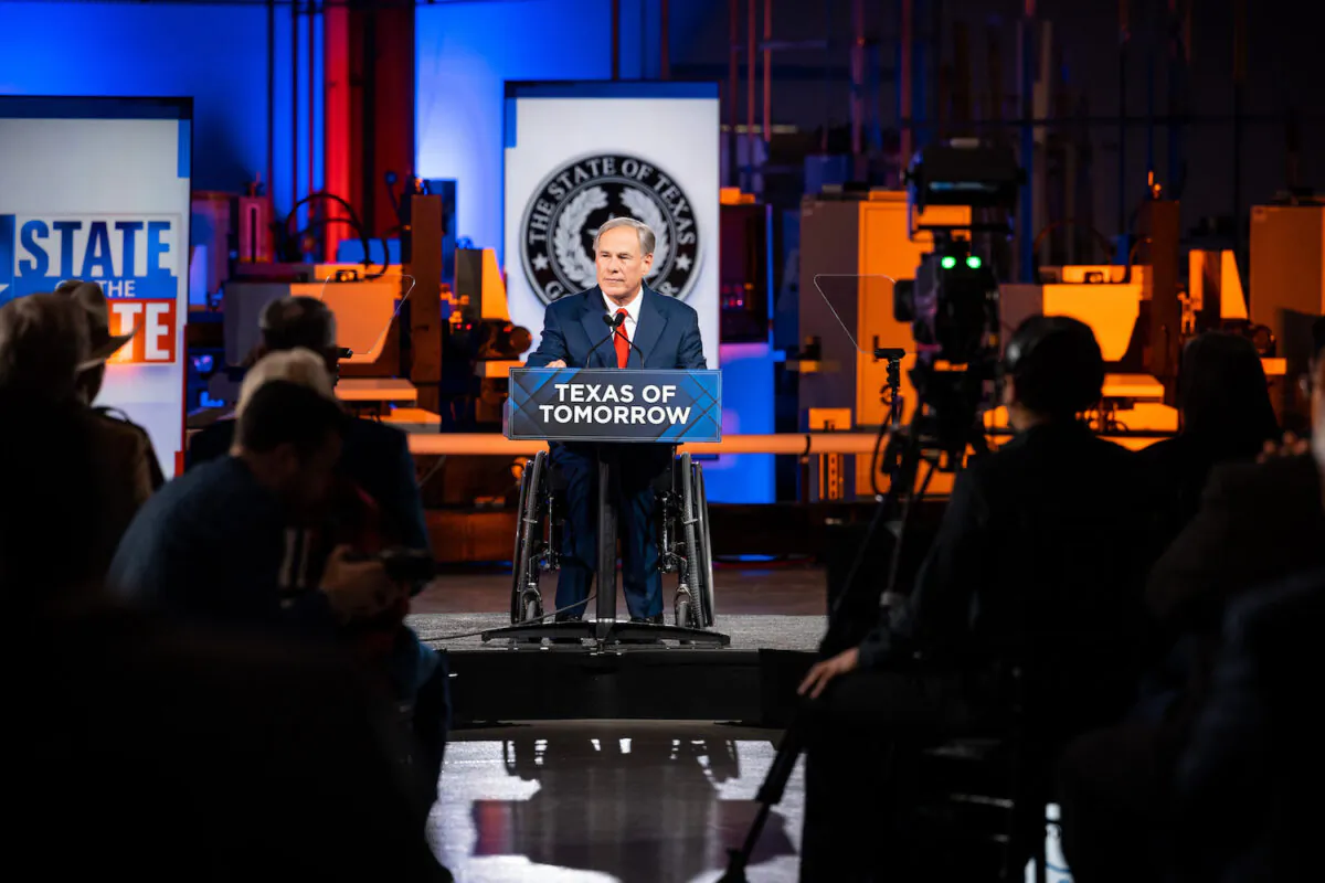 Texas Gov. Greg Abbott delivers his 2023 State of the State address at Noveon Magnetics in San Marcos, Texas, on Feb. 16, 2023. (Office of the Governor)