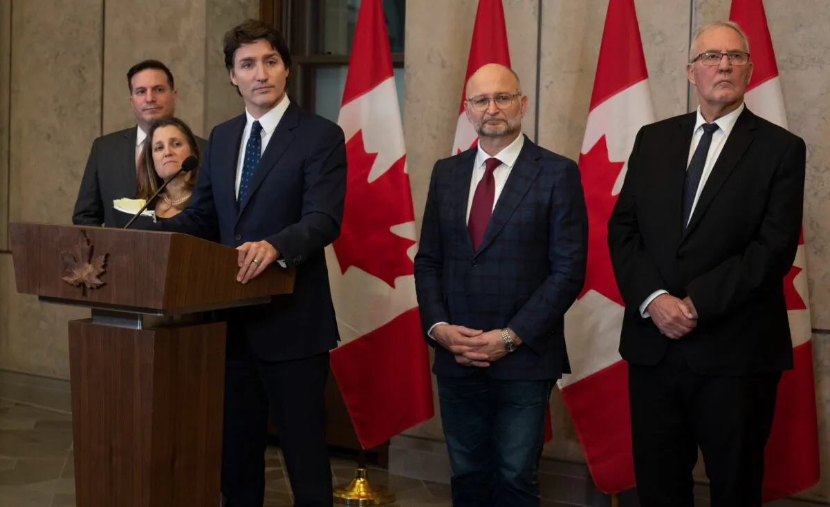 Public Safety Minister Marco Mendicino, Deputy Prime Minister and Finance Minister Chrystia Freeland, Prime Minister Justin Trudeau, Justice Minister and Attorney General of Canada David Lametti and President of the King’s Privy Council for Canada and Emergency Preparedness Minister Bill Blair listen to a reporter's question, in Ottawa, on Feb.17, 2023. (Adrian Wyld/The Canadian Press)