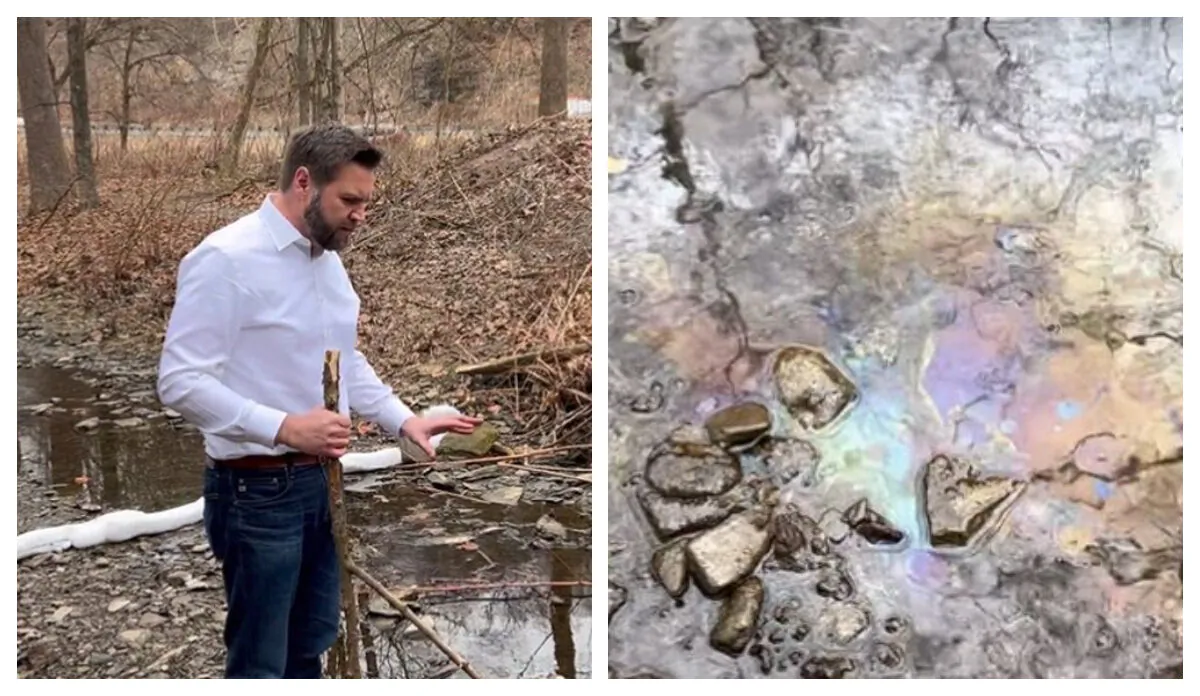 Sen. J.D. Vance (R-Ohio) in a Twitter video dated Feb. 16, 2023, at Leslie Run in East Palestine, Ohio. (Screenshot of Twitter video/Courtesy of Sen. J.D. Vance's Office)