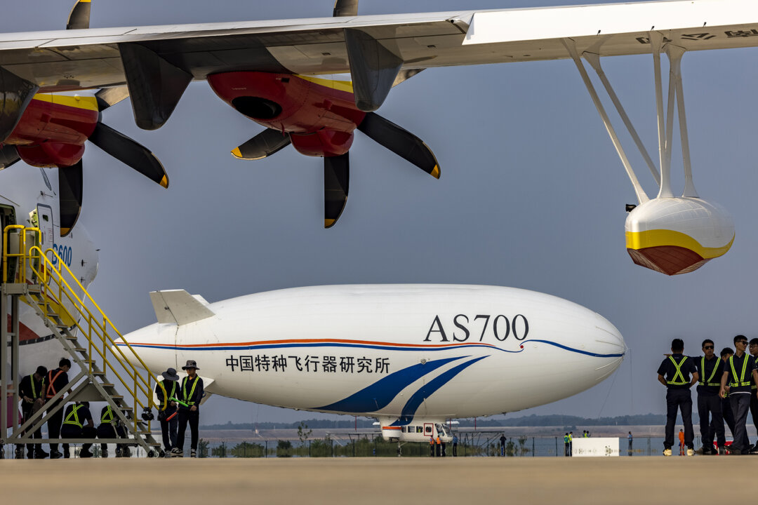Chinese home-made airship AS700 takes off for a test flight at Jingmen Zhanghe Airport in Jingmen, Hubei Province of China, on Sept. 16, 2022. (Shen Ling/VCG via Getty Images)