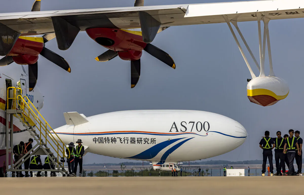 Chinese home-made airship AS700 takes off for a test flight at Jingmen Zhanghe Airport in Jingmen, Hubei Province of China, on Sept. 16, 2022. (Shen Ling/VCG via Getty Images)