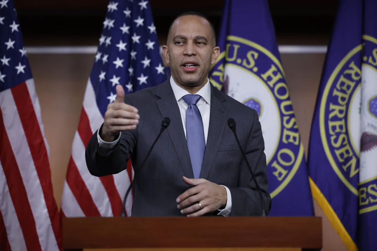House Minority Leader Hakeem Jeffries (D-N.Y.) talks to reporters during his weekly news conference in the U.S. Capitol Visitors Center in Washington on Feb. 9, 2023. (Chip Somodevilla/Getty Images)
