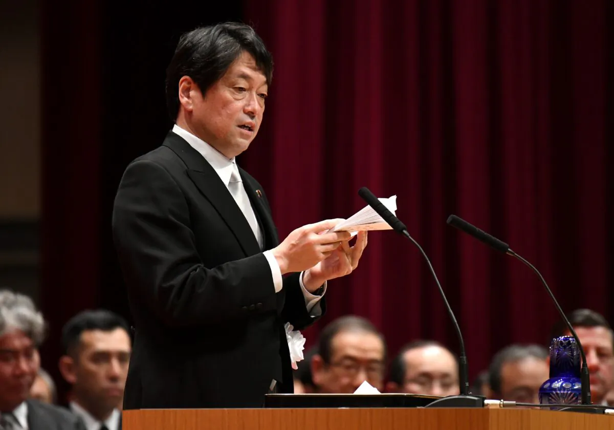 Then-Japanese Defense Minister Itsunori Onodera delivers a speech during the graduation ceremony for the National Defense Academy in Yokosuka, Kanagawa prefecture, on March 18, 2018. (Kazuhiro Nogi/AFP via Getty Images)