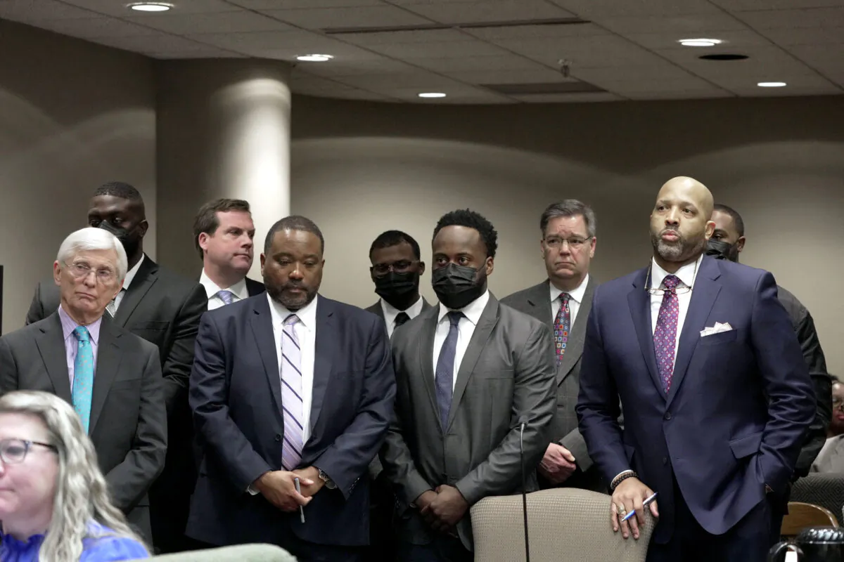 Five former Memphis police officers who have been charged in the death of Tyre Nichols appear during an arraignment hearing at Shelby County courthouse in Memphis, Tenn. on Feb. 17, 2023. (Karen Pulfer Focht/Reuters)