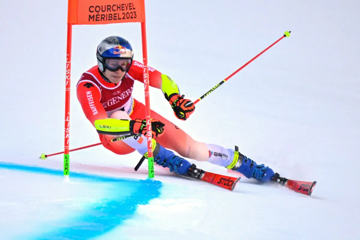 Switzerland's Marco Odermatt competes during the first run of the Men's Giant Slalom event of the FIS Alpine Ski World Championship 2023 in Courchevel, French Alps, on Feb. 17, 2023. (Lionel Bonaventure/AFP via Getty Images)