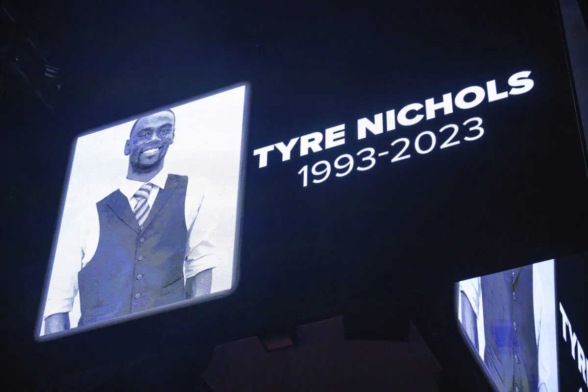 The screen at the Smoothie King Center in New Orleans honors Tyre Nichols before an NBA basketball game between the New Orleans Pelicans and the Washington Wizards, Jan. 28, 2023. (Matthew Hinton/File/AP Photo)