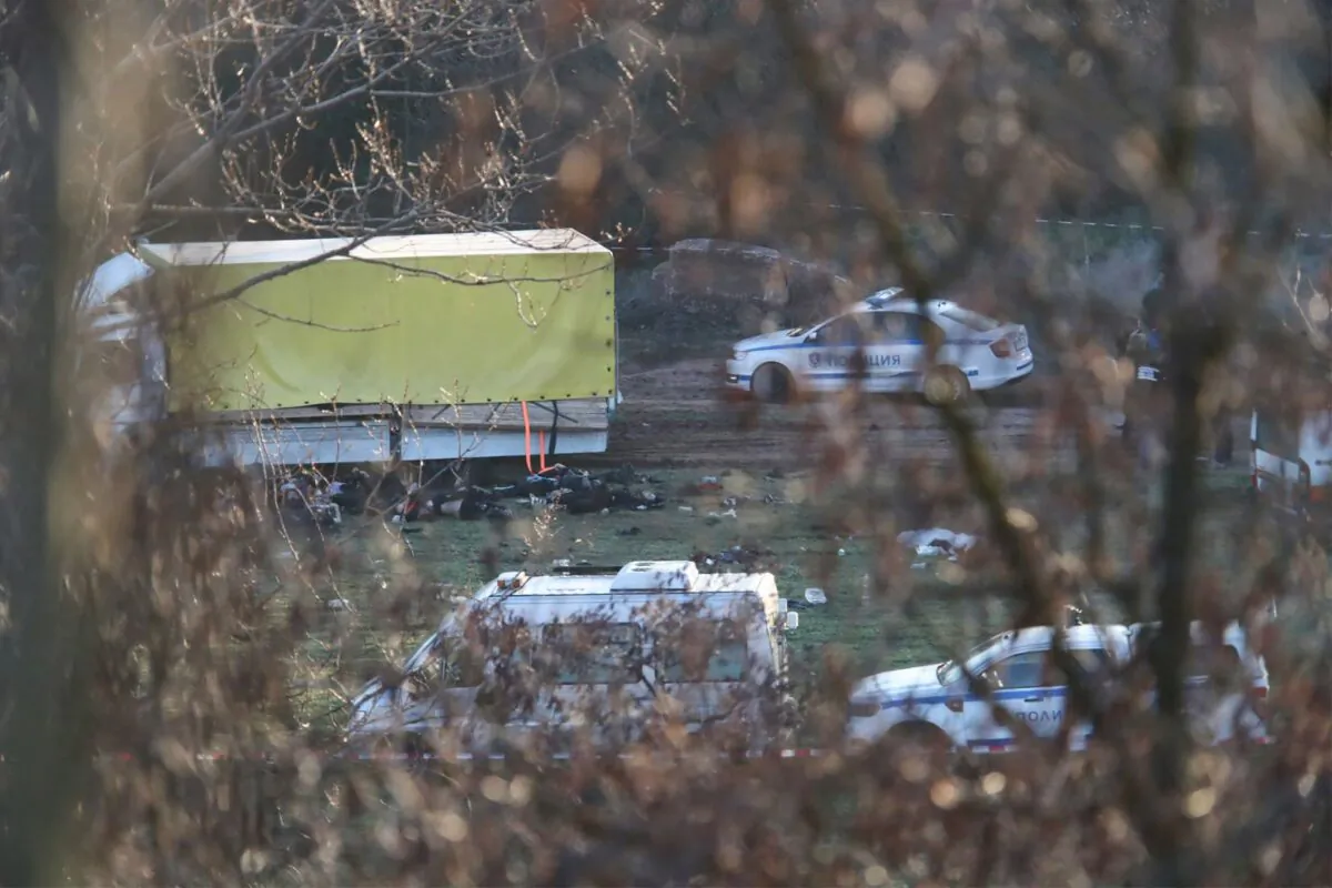 A general view of the discovery of eighteen dead migrants in the rear of an abandoned truck, on the outskirts of the village of Lokorsko, some 20 kilometers (12 miles) north-east of Sofia on Feb. 17, 2023. (Stringer/AFP via Getty Images)
