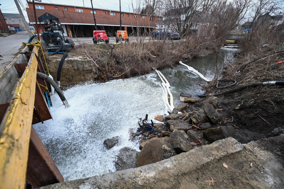 A general view as members of the U.S. Environmental Protection Agency (EPA) (not pictured) inspect the site of a train derailment of hazardous material in East Palestine, Ohio, on Feb. 16, 2023. (Alan Freed/Reuters)