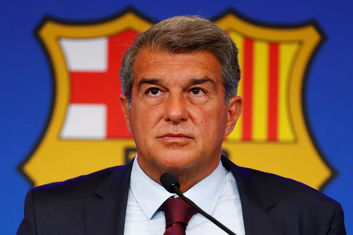 FC Barcelona club President Joan Laporta pauses during a news conference in Barcelona, Spain, on Aug. 6, 2021. (Joan Monfort/AP Photo)