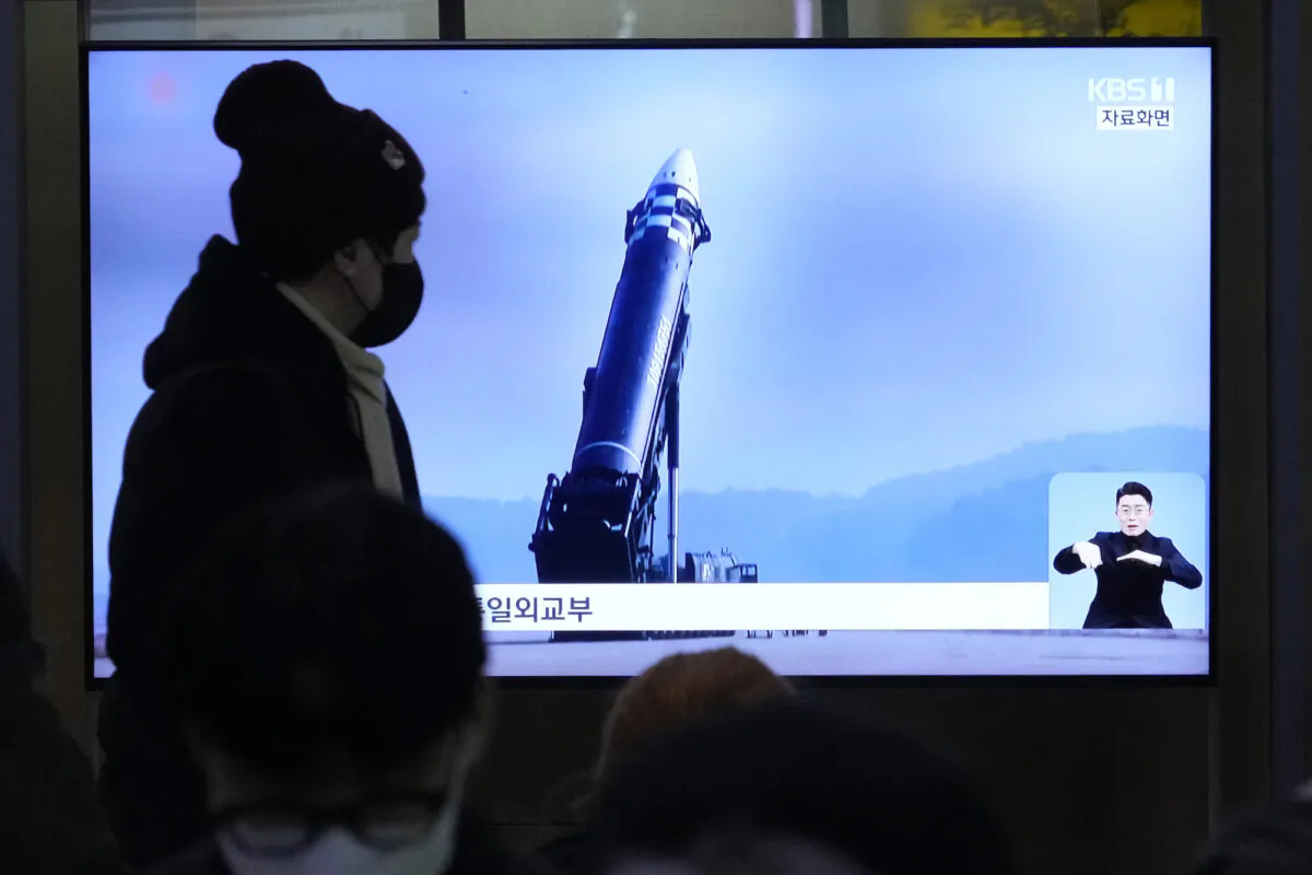 A TV screen shows a file image of North Korea's missile during a news program in Seoul, South Korea, on Feb. 18. 2023. (AP Photo/Ahn Young-joon)