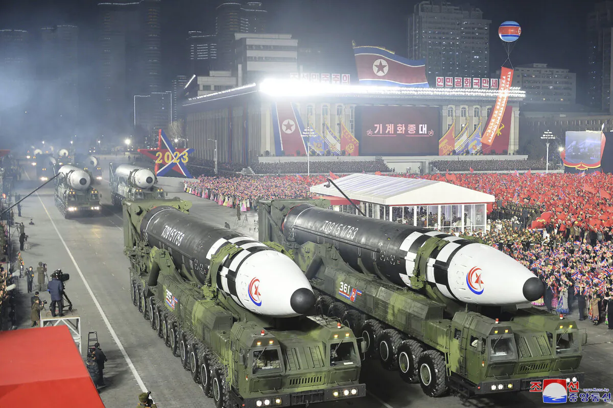 File photo provided by North Korean authorities shows Hwasong-17 intercontinental ballistic missiles during a military parade in Pyongyang, North Korea, on Feb. 8, 2023. (Korean Central News Agency/Korea News Service via AP)