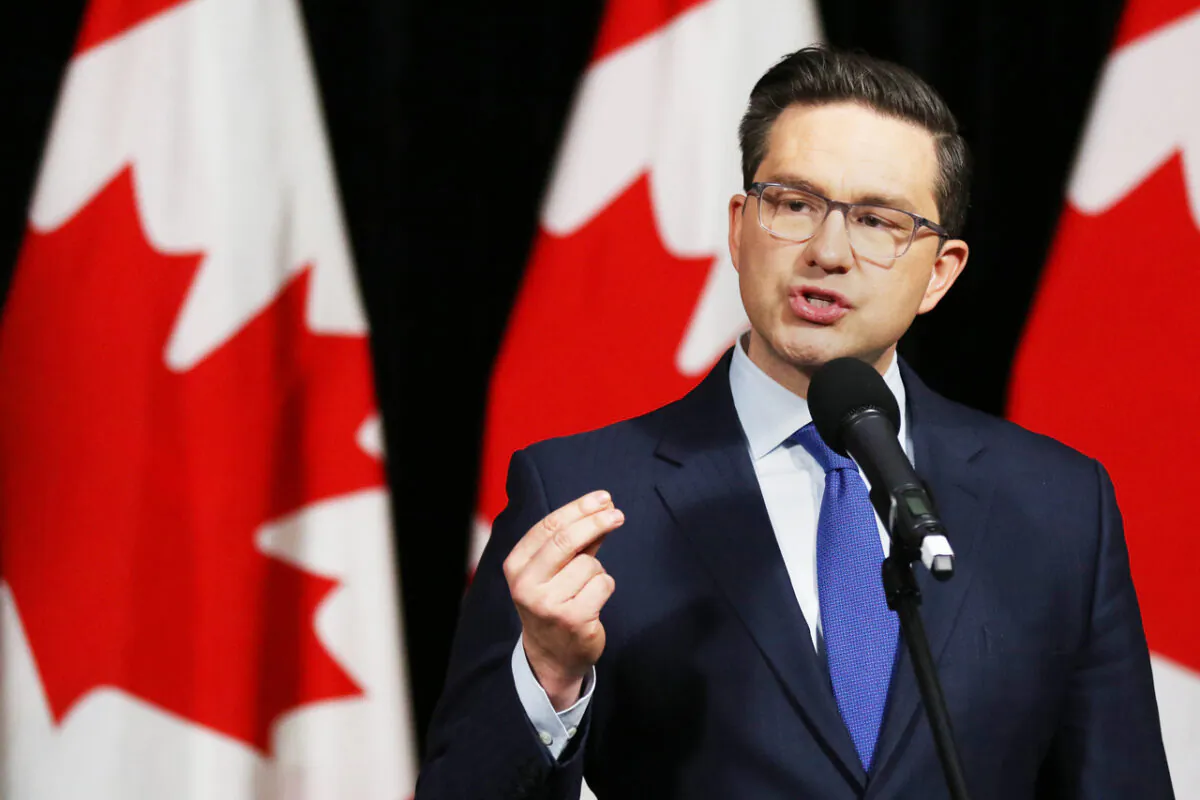 Federal Conservative Leader Pierre Poilievre speaks at the the National Coalition of Chiefs Clean Energy Summit In Calgary on Feb. 17, 2023. (The Canadian Press/Dave Chidley)