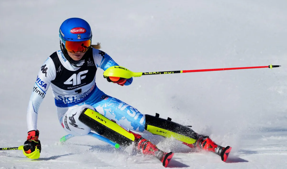 Mikaela Shiffrin of the U.S. in action during the first run of an alpine ski World Cup giant slalom, in Meribel, France, on Feb. 18, 2023. (Aleksandra Szmigiel/Reuters)