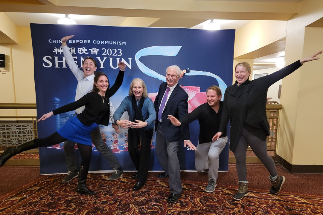 (L-R) Peter Leonard, his wife Jessica, Jeannine Leonard, Mac Leonard, Mike Leonard, and his wife Erin Leonard at the Miller High Life Theatre, on Feb. 18, 2023. (Stacey Tang/The Epoch Times)