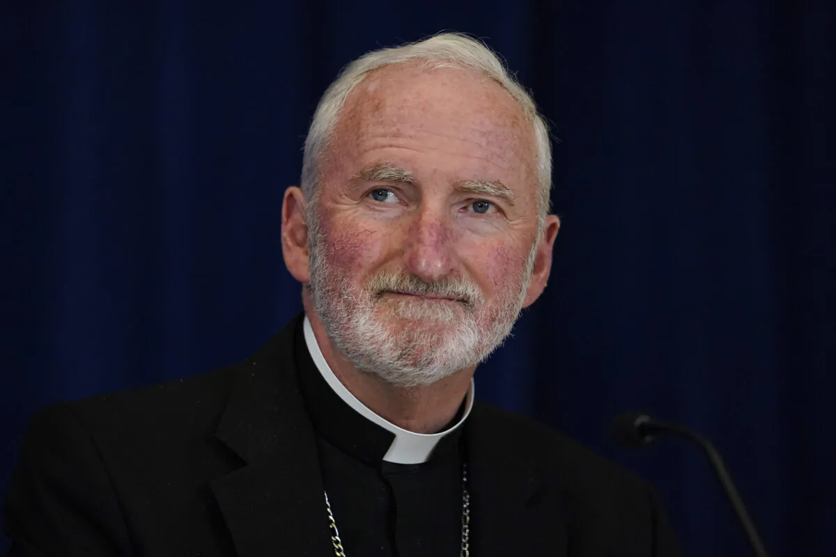 Bishop David O'Connell of the Archdiocese of Los Angeles attends a news conference at the Fall General Assembly meeting of the United States Conference of Catholic Bishops in Baltimore on Nov. 17, 2021. (Julio Cortez/AP Photo)
