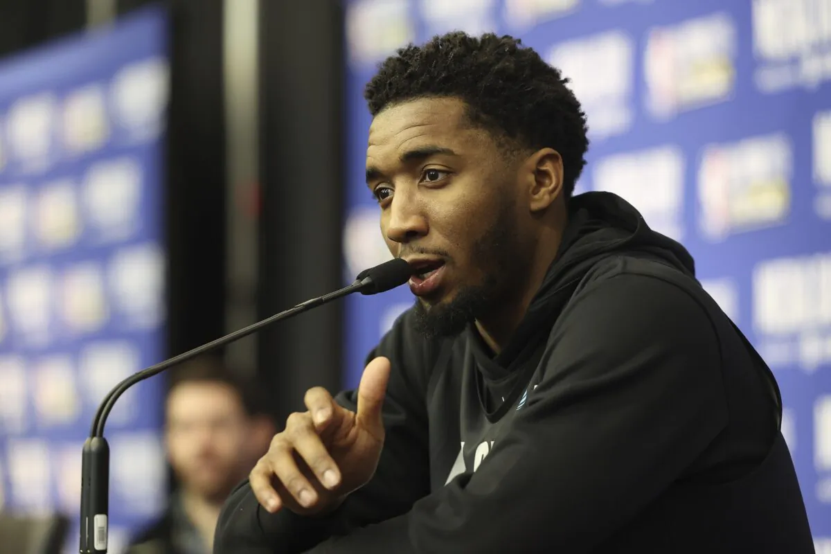 Cleveland Cavaliers' Donovan Mitchell addresses the media during the NBA All-Star basketball game media day in Salt Lake City on Feb. 18, 2023. (Rob Gray/AP Photo)