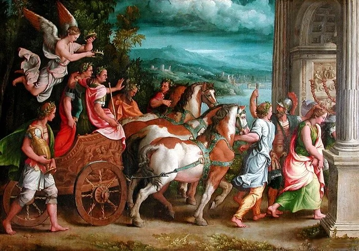 In Mozart's “La Clemenza di Tito," Titus achieves greatness by clemency.  "Triumph of Titus and Vespasian," circa 1537, Giuilio Romano. (Public Domain)