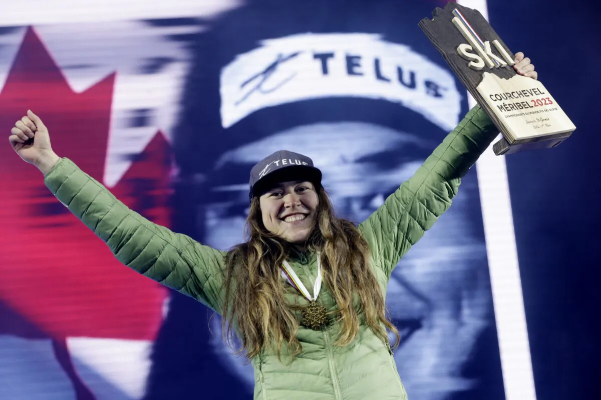 Gold medalist Laurence St. Germain of Canada celebrates with her medal on the podium during the ceremony for the Women's Slalom at the FIS Alpine Ski World Cup Championships in Meribel, France, on Feb. 18, 2023. (Leonhard Foeger/Reuters)