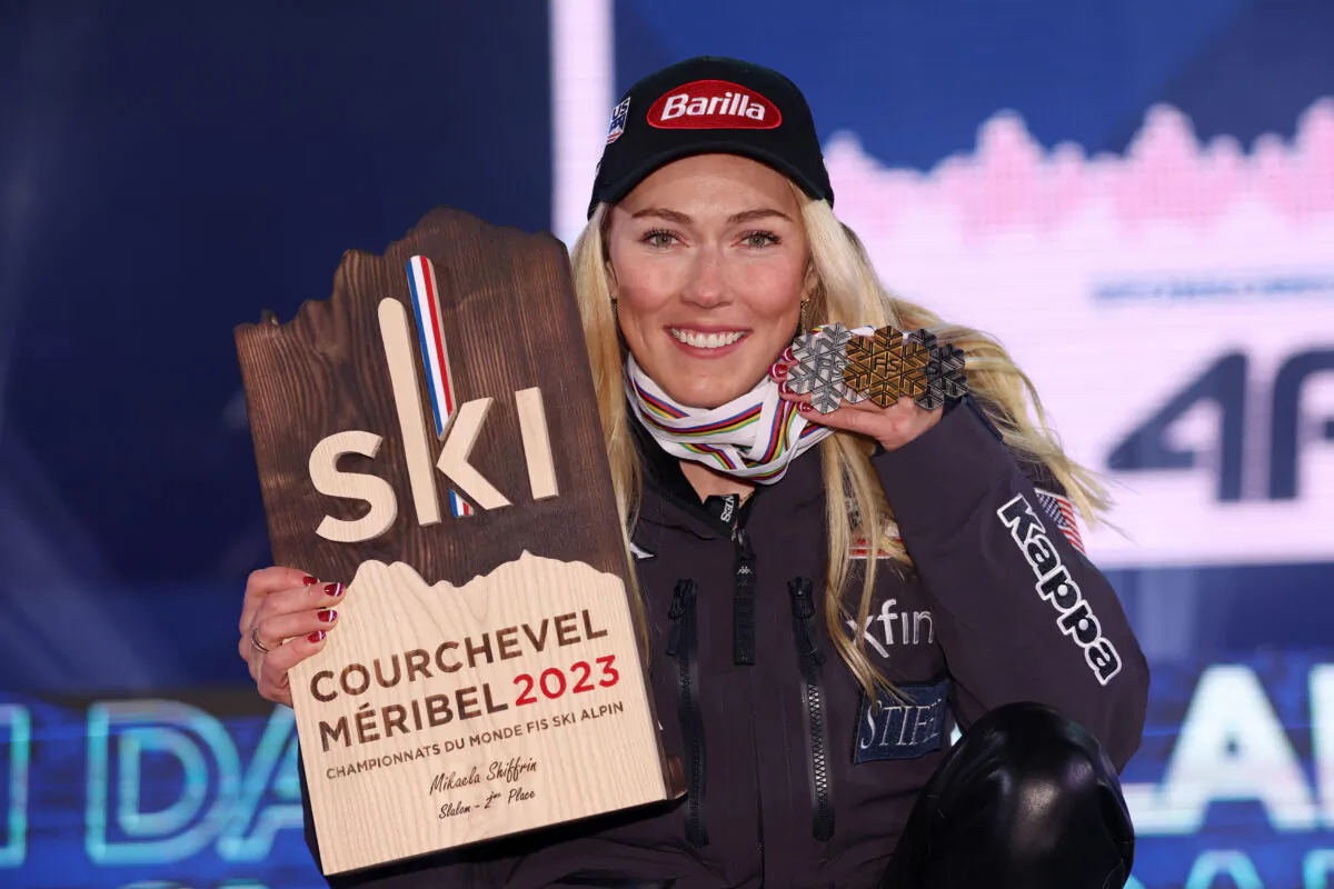 Silver medalist Mikaela Shiffrin of United States poses for a photo during the medal ceremony for Women's Slalom at the FIS Alpine World Ski Championships in Meribel, France, on Feb. 18, 2023. (Tom Pennington/Getty Images)