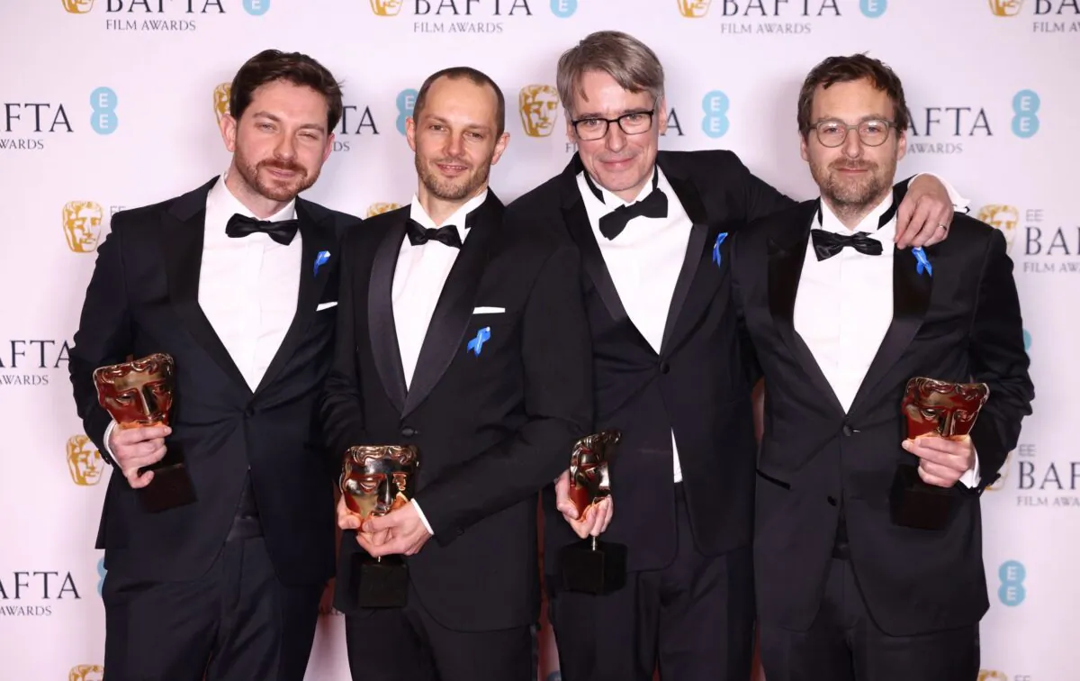 Viktor Prasil, Markus Stemler, Frank Kruse and Lars Ginzel pose with their awards for Best Sound for "All Quiet On The Western Front" at the 2023 British Academy of Film and Television Arts (BAFTA) Film Awards at the Royal Festival Hall in London, Britain, Feb. 19, 2023. (Henry Nicholls/Reuters)

