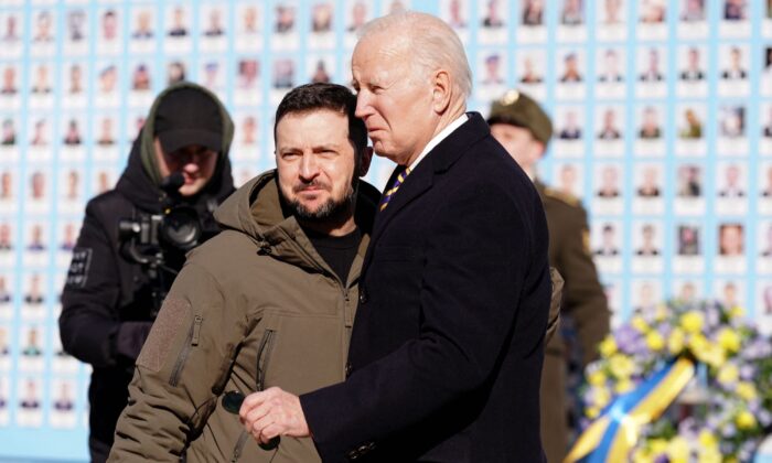 President Joe Biden (R) is greeted by Ukrainian President Volodymyr Zelenskyy (L) during a visit in Kyiv, Ukraine, on Feb. 20, 2023. (Dimitar Dilkoff/AFP/Getty Images)