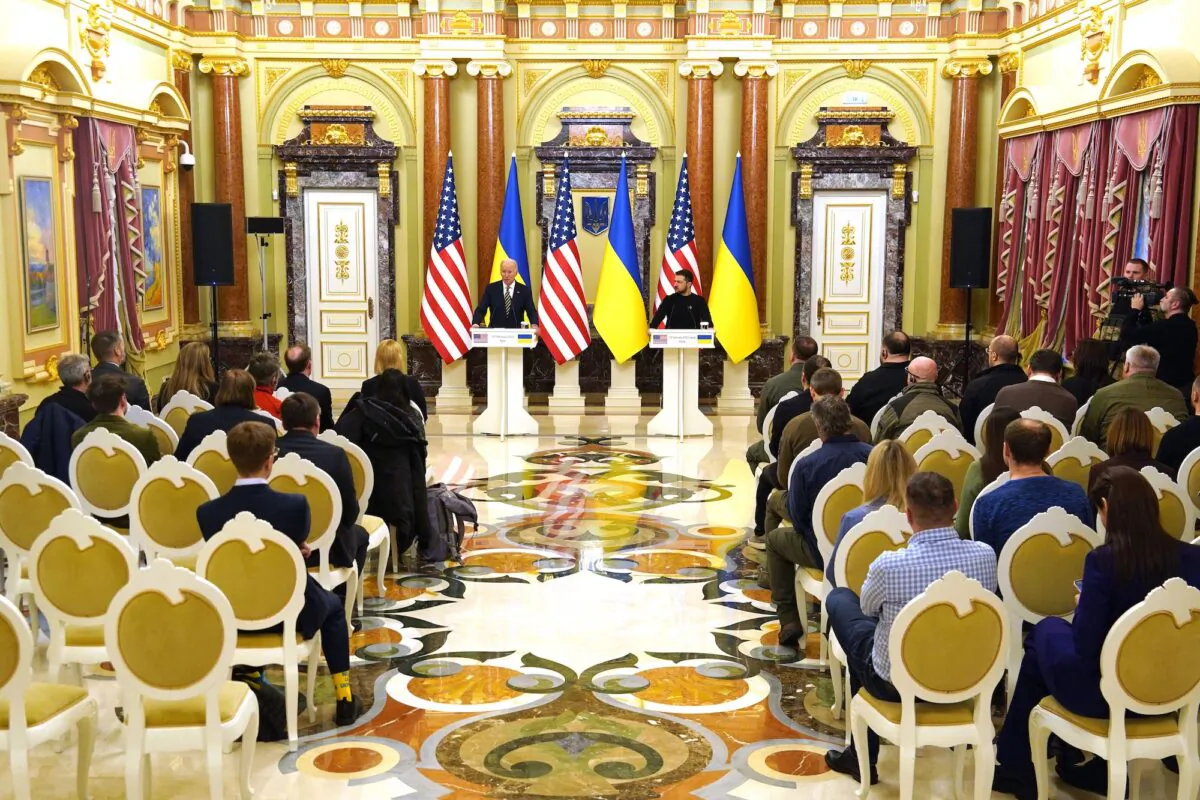 President Joe Biden (L) and Ukrainian President Volodymyr Zelensky (R) attend a press conference in Kyiv, Ukraine, on Feb. 20, 2023. (Dimitar Dilkoff/AFP/Getty Images)