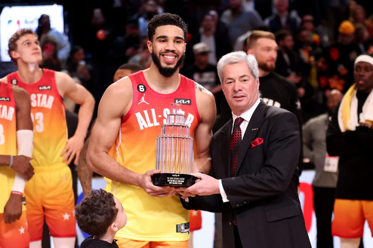 Jayson Tatum (0) of the Boston Celtics receives The Kobe Bryant MVP Trophy after the 2023 NBA All Star Game between Team Giannis and Team LeBron at Vivint Arena in Salt Lake City on Feb. 19, 2023.  (Tim Nwachukwu/Getty Images)