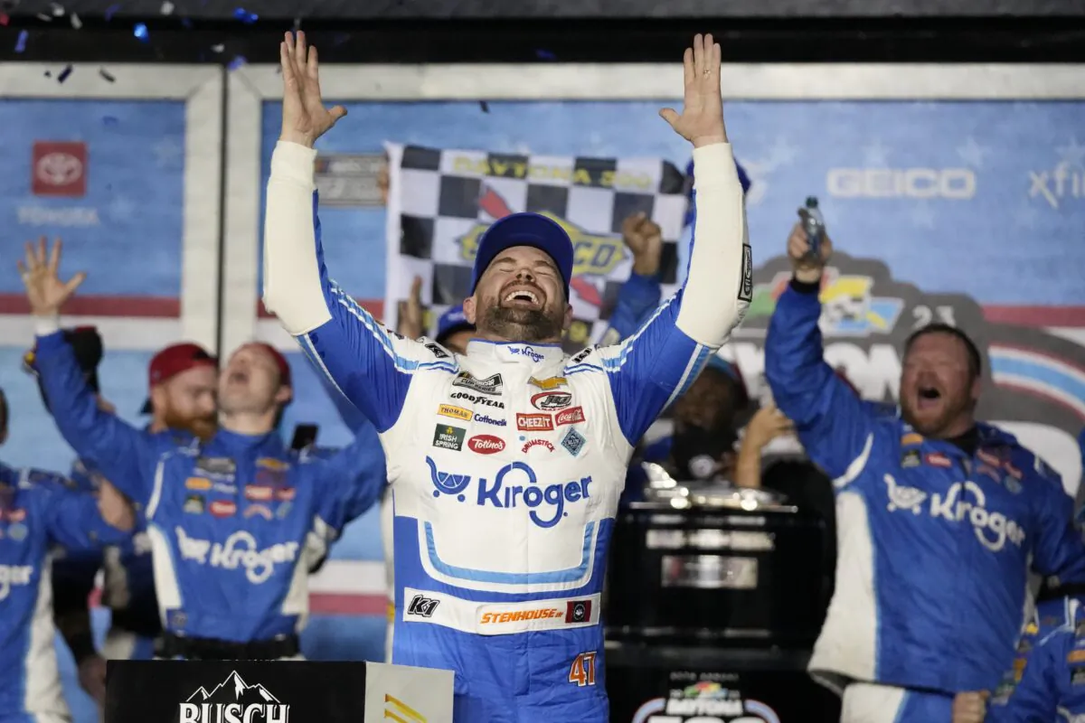 Ricky Stenhouse Jr. celebrates in Victory Lane after winning the NASCAR Daytona 500 auto race at Daytona International Speedway in Daytona Beach, Fla., on Feb. 19, 2023. (John Raoux/AP Photo)