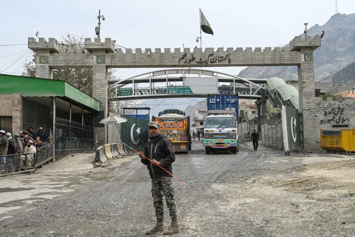 A Pakistan border policeman is pictured from the zero point Torkham border crossing between Afghanistan and Pakistan, in Nangarhar Province, on Feb. 2, 2023. (Wakil Kohsar/AFP via Getty Images)
