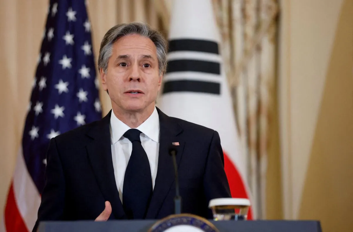 U.S. Secretary of State Antony Blinken and South Korean Foreign Minister Park Jin (not pictured) attend the signing ceremony of a memorandum of understanding and joint news conference at the State Department in Washington on Feb. 3, 2023. (Jonathan Ernst/Reuters)