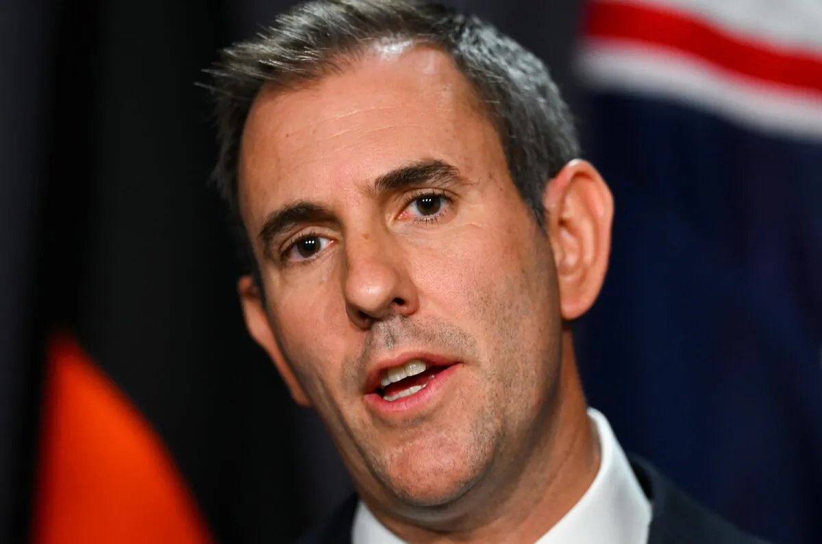 Australian Treasurer Jim Chalmers speaks to media during a press conference at Parliament House in Canberra, Australia, on Feb. 16, 2023. (AAP Image/Lukas Coch)