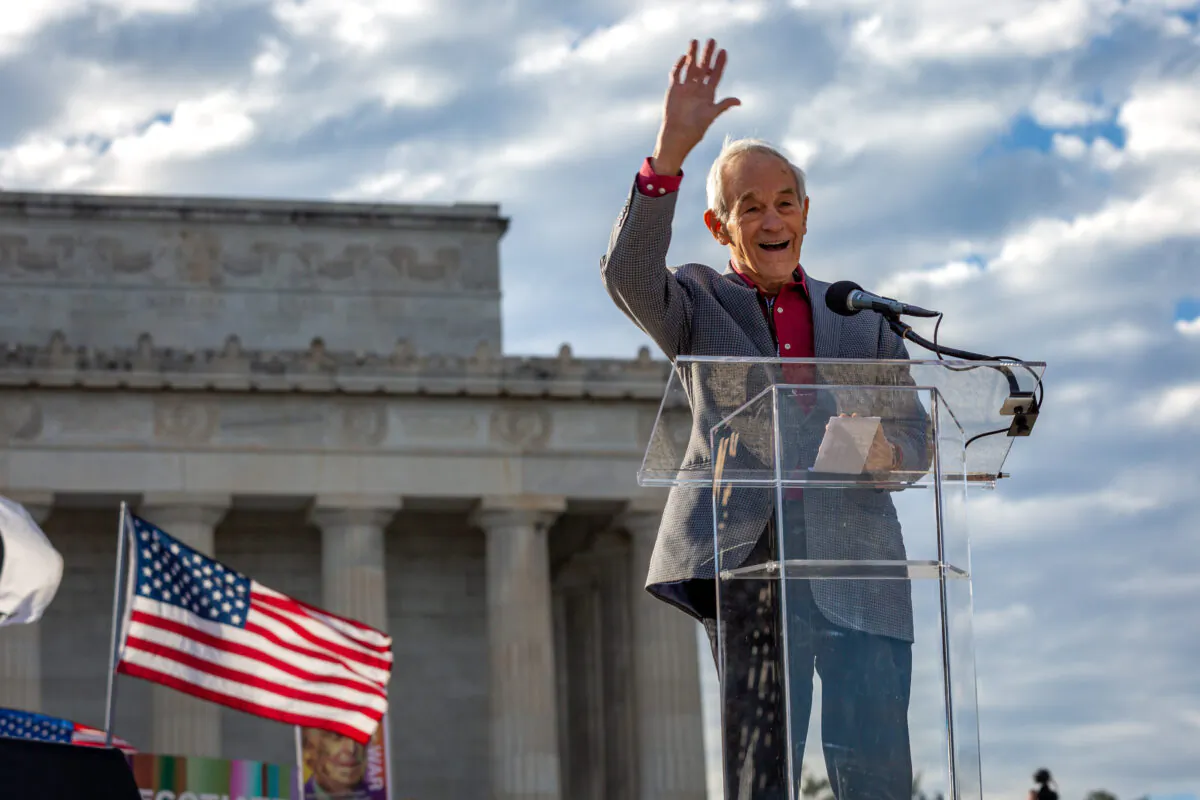 Ron Paul speaks at the Rage Against the War Machine rally in front of the Lincoln Memorial on Feb. 19, 2023. (Courtesy of "Rage Against the War Machine")