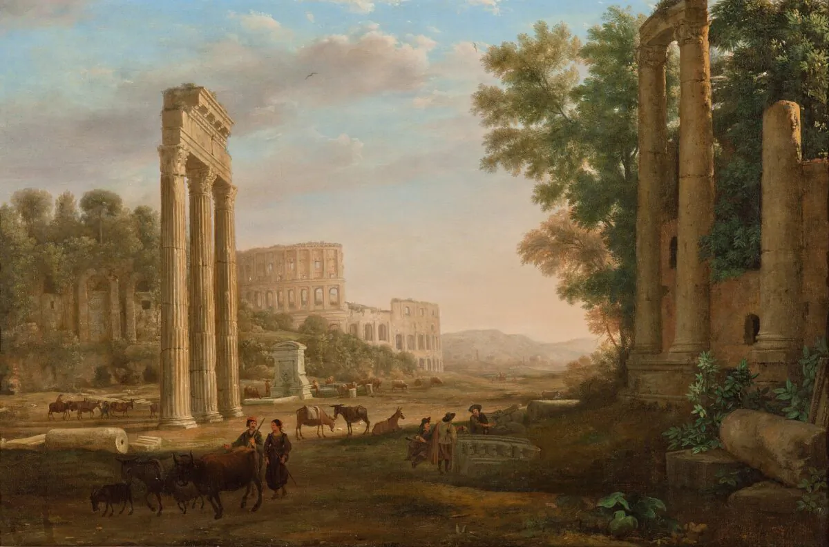 According to Roman historian Livy, the Roman Republic fell because of a degredation of moral character. “Capriccio with ruins of the Roman Forum,” circa 1634, by Claude Lorrain. Art Gallery of South Australia. (Public domain)
