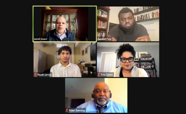 Panelists speak as part of a discussion hosted by Canada Strong and Free, (Top Left to Bottom) Jamil Jivani, Samuel Sey, Noah Jarvis,  Kira Davis, and Mike Ramsay. (Screenshot)