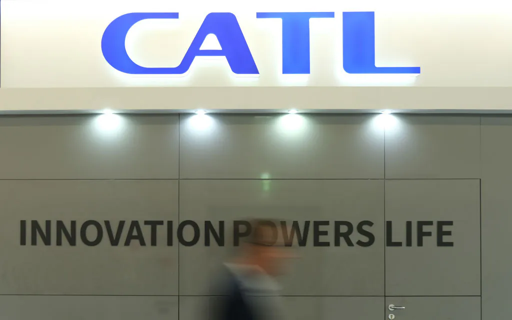 The exhibition display of CATL, a Chinese electric battery maker, stands at the 2019 IAA Frankfurt Auto Show in Frankfurt am Main, Germany, on Sept. 11, 2019. (Sean Gallup/Getty Images)
