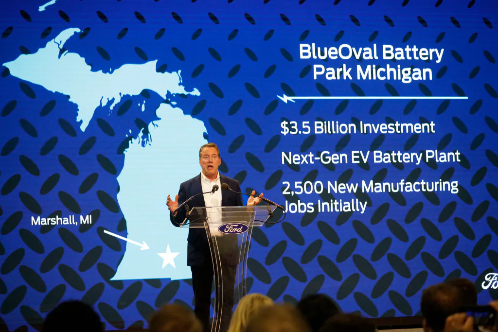 Bill Ford, Executive Chairman of Ford Motor Company, announces at a press conference that Ford will be partnering with a China-based electric vehicle (EV) battery company to build an EV battery plant, in Romulus, Michigan, on Feb. 13, 2023. (Bill Pugliano/Getty Images)