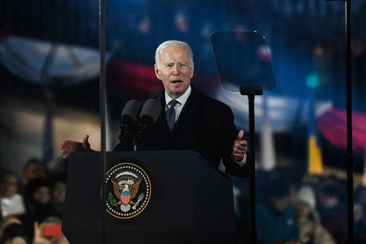 U.S. President Joe Biden delivers a speech at the Royal Castle Arcades in Warsaw, Poland, on Feb. 21, 2023. (Omar Marques/Getty Images)