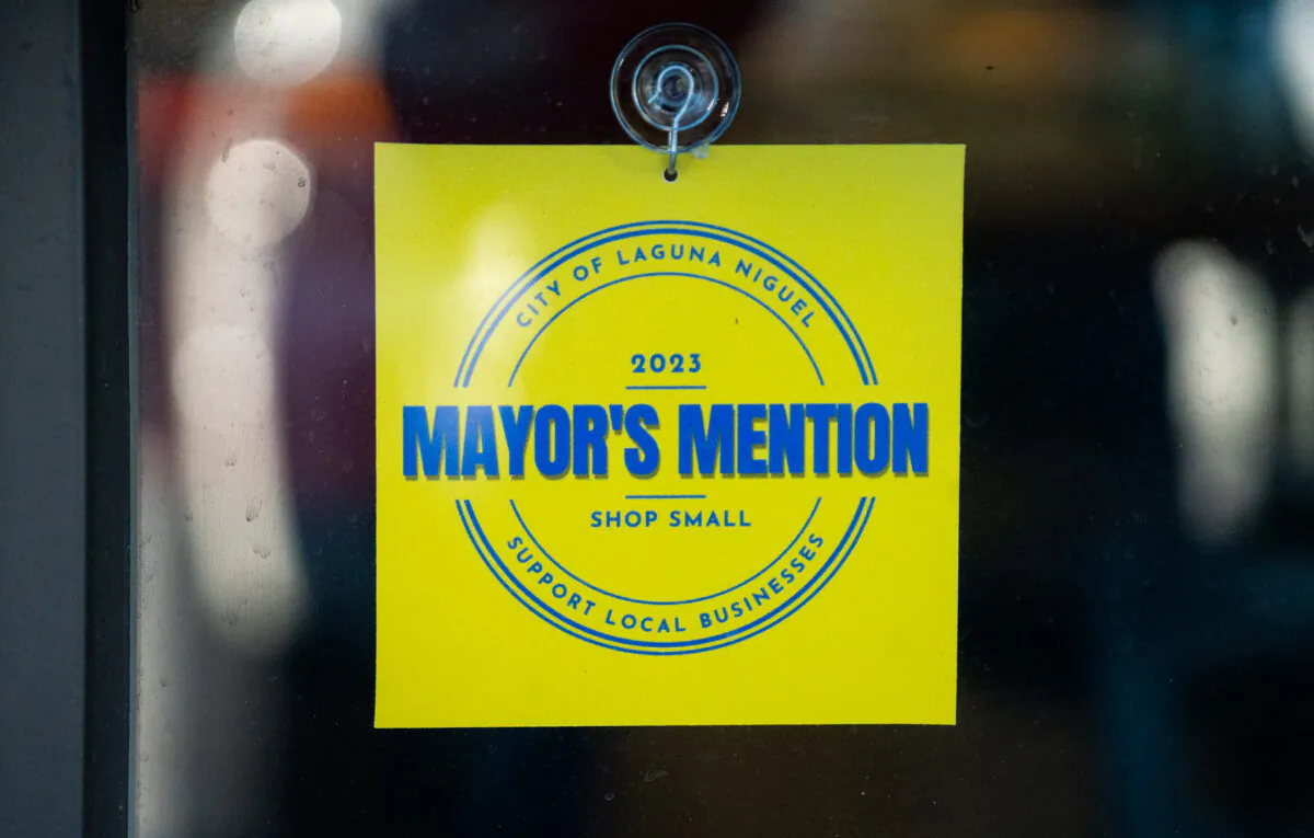 The "Mayor's Mention" sign at Sunny Side Up Doughnuts in Laguna Niguel, Calif., on Feb. 20, 2023. (John Fredricks/The Epoch Times)
