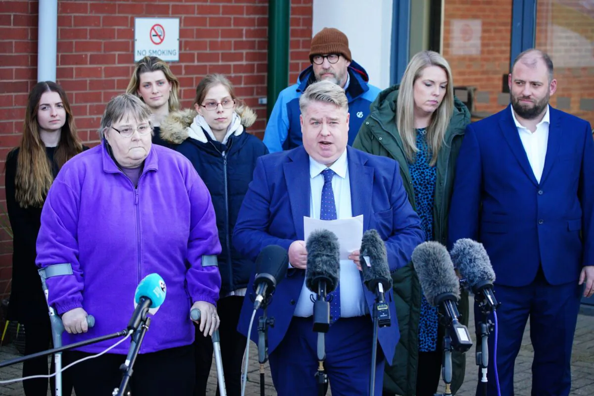 Patrick Maguire, a solicitor representing the families of the victims of Jake Davison, speaking to the media outside the inquest at Exeter racecourse in Devon, England, on Feb. 20, 2023. (PA)