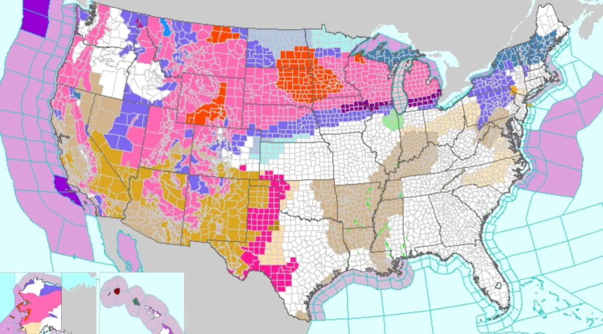 An updated map released by the National Weather Service on Tuesday, Feb. 21, 2023, shows warnings and advisories amid a large winter storm currently impacting the United States. The pink areas represent winter storm warnings, while the bright orange areas signal blizzard warnings. (National Weather Service)