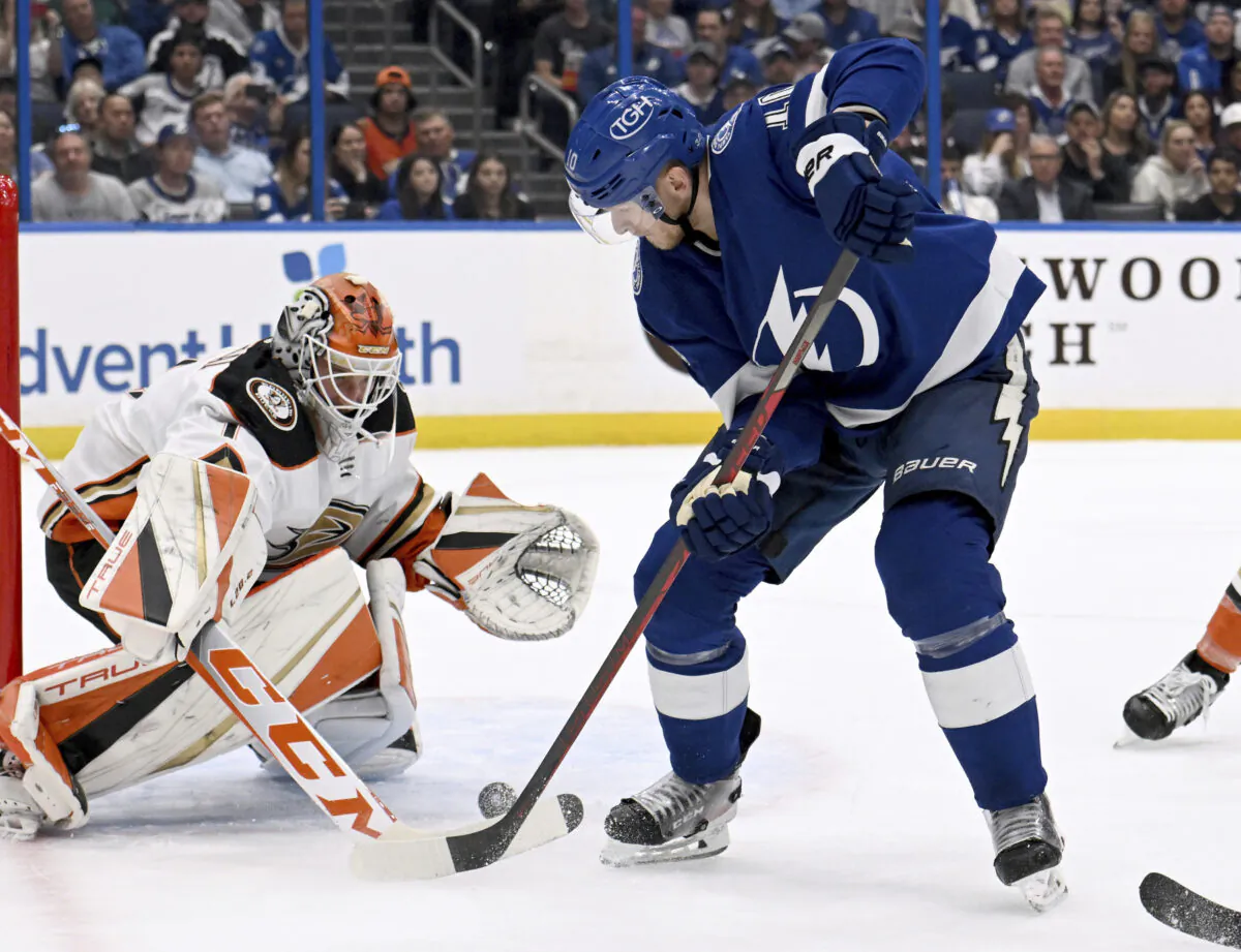 Tampa Bay Lightning right wing Corey Perry (10) looks to shoot against Anaheim Ducks goaltender Lukas Dostal during the second period of an NHL hockey game in Tampa, Fla., on Feb. 21, 2023. (Jason Behnken/AP Photo)