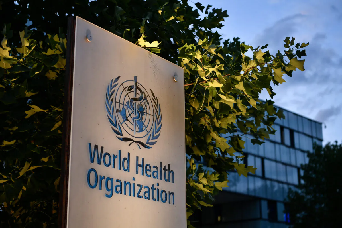 A sign outside World Health Organization headquarters in Geneva, Switzerland, on Aug. 17, 2020. (Fabrice Coffrini/AFP via Getty Images)