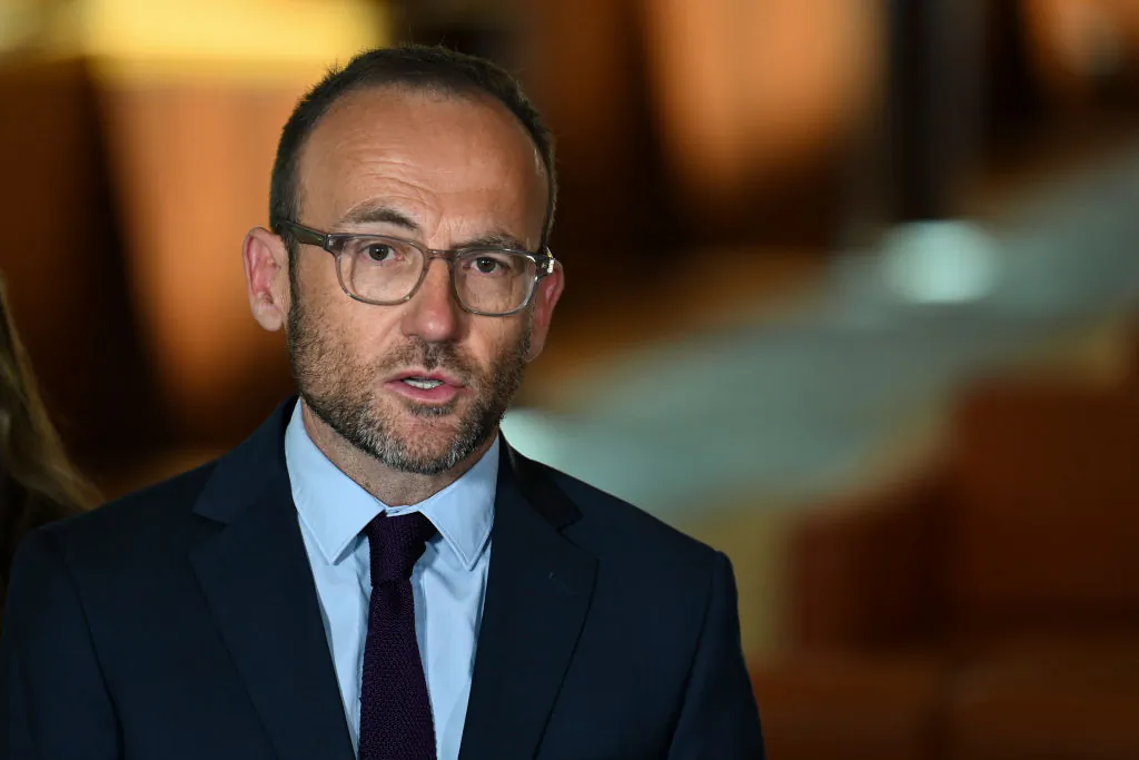 Party leader of the Australian Greens Adam Bandt addresses the media after the resignation of Senator Lidia Thorpe from the Australian Greens Party at Parliament House on February 06, 2023 in Canberra, Australia. (Martin Ollman/Getty Images)
